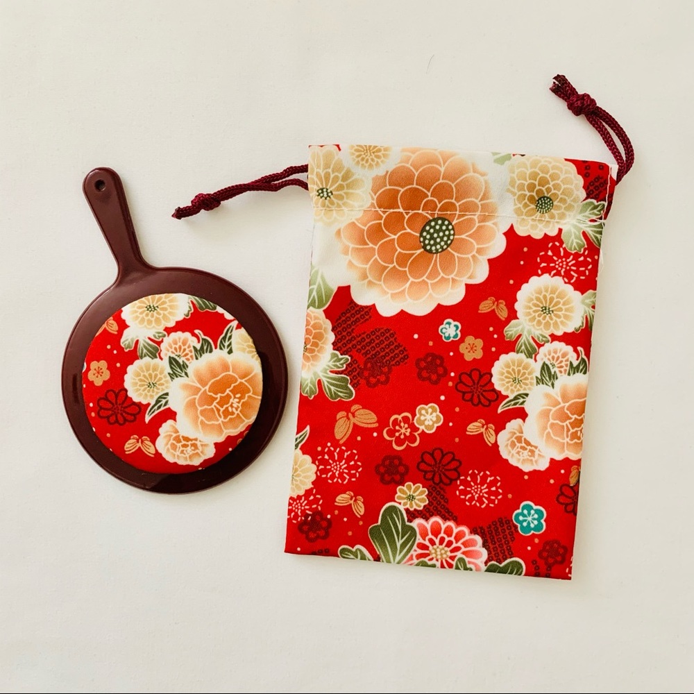Japanese Flower Print Hand Mirror and Pouch